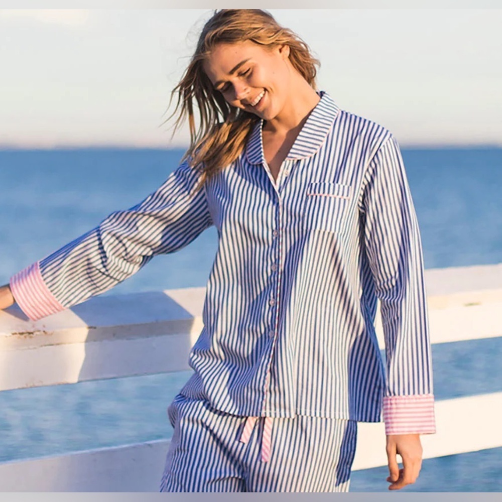 Sant and Abel Women's Blue & White Striped Pajama Set with Pink Accent Cotton